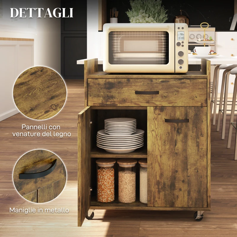 HOMCOM Carrello da Cucina con Cassetto, Armadietto e 4 Ruote in Legno, 60x40x77cm, Marrone Rustico