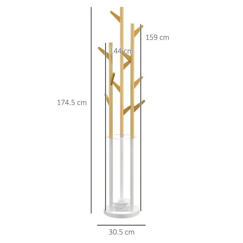 HOMCOM Appendiabiti da Terra di Design con Portaombrelli e 12 Ganci, Metallo e Bambù, 30.5x30.5x174.5cm, Legno e Bianco