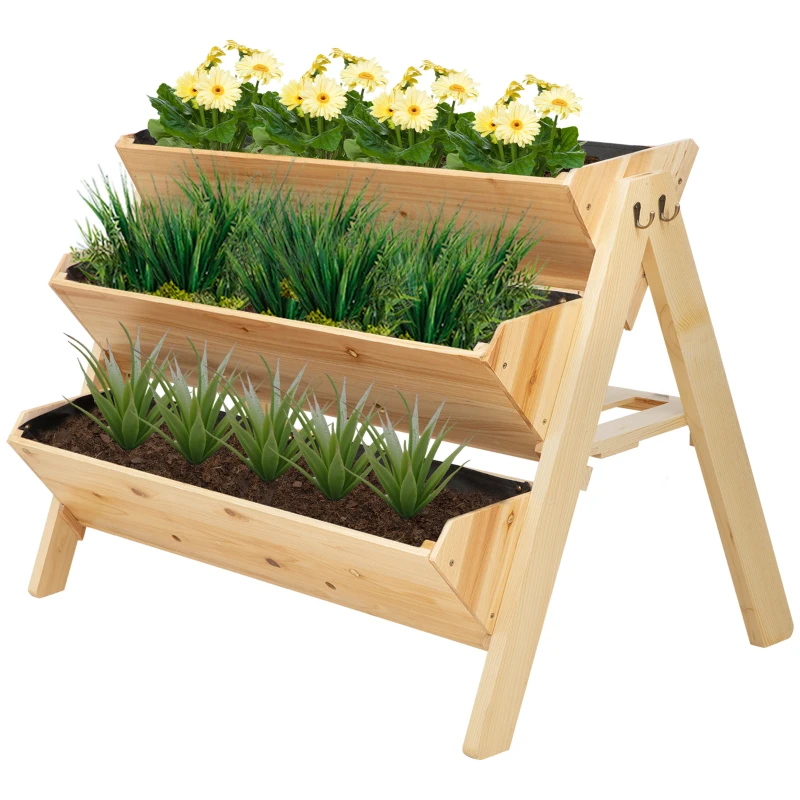 Outsunny 3 Tier Raised Beds for Garden, Wooden Planter Boxes with Clapboard and Hooks, 142L, 120 x 68 x 80cm