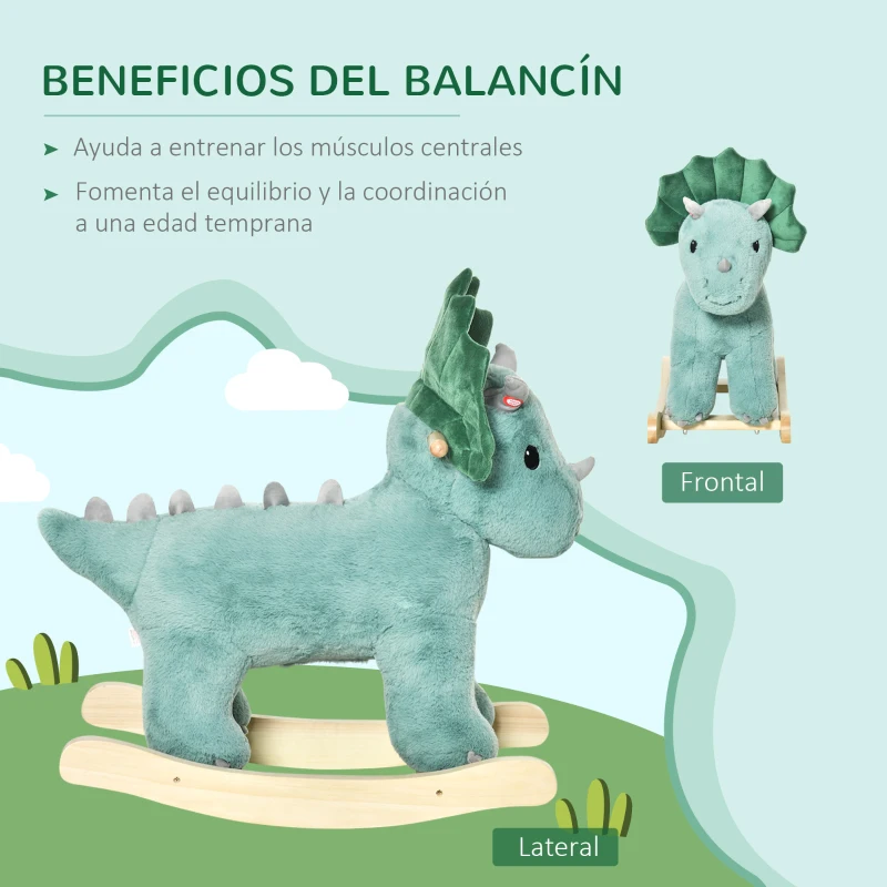HOMCOM Caballo Balancín para Niños de +3 Años de Dinosaurio con Sonidos Realistas Carga 45 kg 64x30x54 cm Verde Oscuro