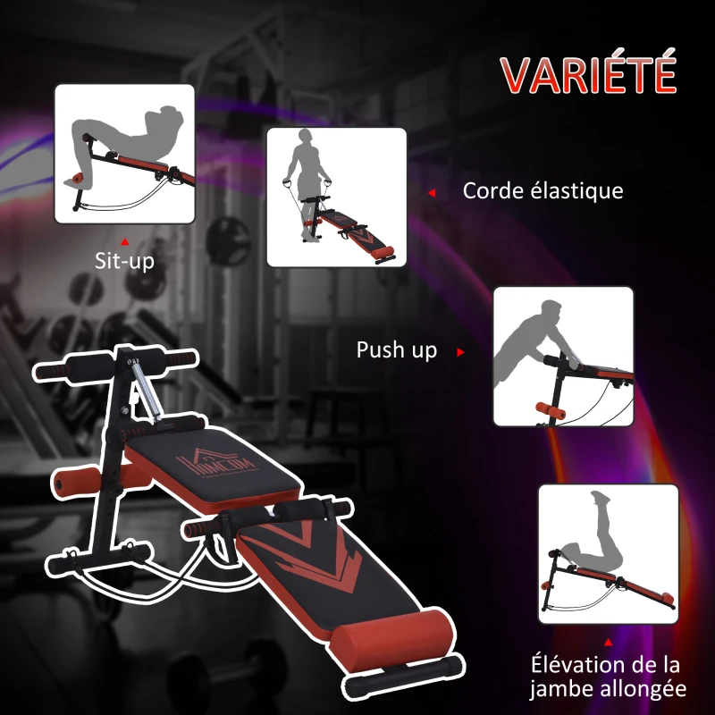 HOMCOM Banc de musculation pliable appareil à abdo hauteur réglable 135L x 48l x 61-68H cm 2 bandes de résistances + ressort central traction acier noir rouge