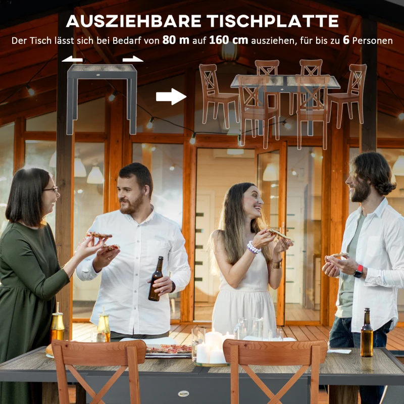 Outsunny Gartentisch, ausziehbar, pflegeleicht, Aluminiumrahmen, Holzoptik, 160 x 80 x 75 cm