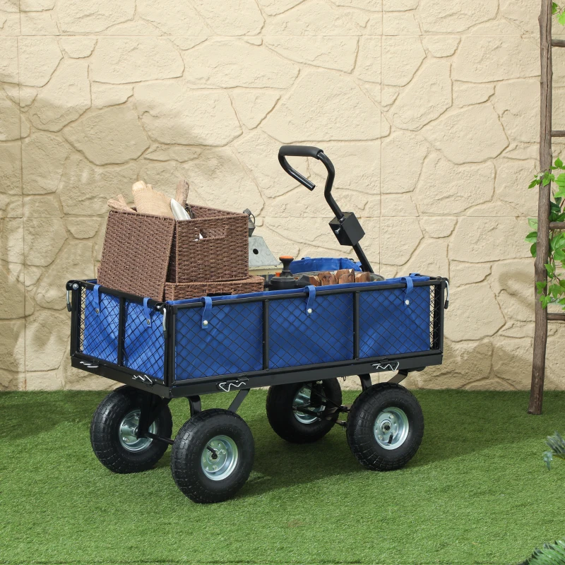 Outsunny 114L Steel Frame Garden Cart Trolley - Blue