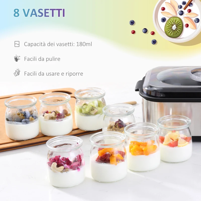 HOMCOM Yogurtiera Elettrica 25W con 8 Vasetti Inclusi, Timer 1-48 Ore e Temperatura Regolabile 20-50°C, 36x18.8x14cm, Argento