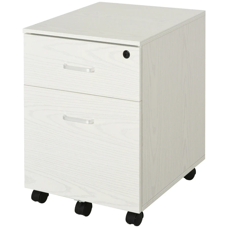 Vinsetto 2-Drawer Locking Office Filing Cabinet w/ 5 Wheels Rolling Storage Hanging A4 Cupboard Home Organisation White Wood Grain