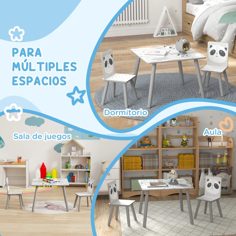 ZONEKIZ Set de Mesa y 2 Sillas Conjunto de Muebles Infantiles de 3 Piezas para Niños de +3 Años con Cenefa y Panda Gris y Blanco