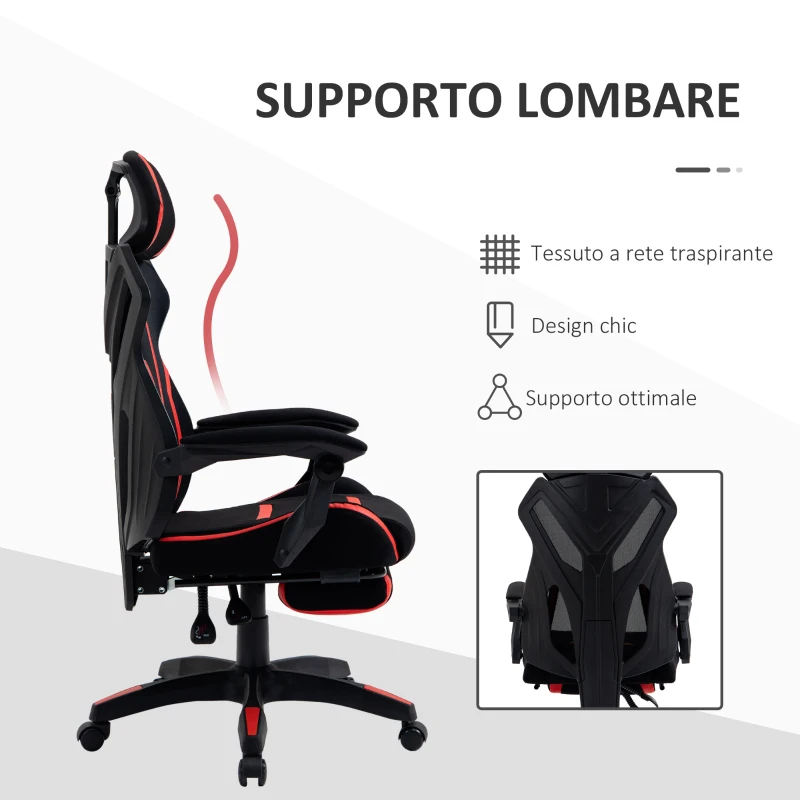 Vinsetto Sedia da Ufficio Ergonomica Altezza Regolabile, Poltrona con Schienale Reclinabile e Poggiapiedi, 65x65x119-129cm, Nero Rosso