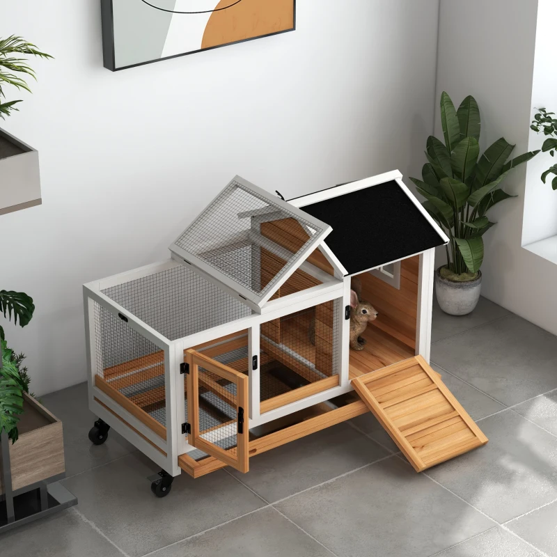 PawHut Jaula para Conejos con Ruedas Techo Abatible y Bandeja Extraíble para Interior y Exterior 108x58x73,5 cm Natural