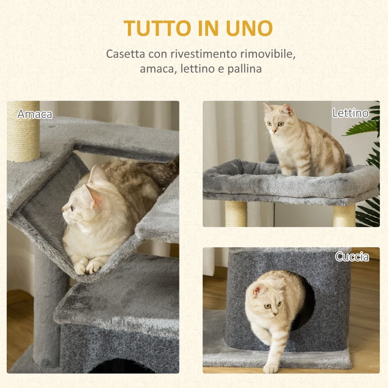 PawHut Albero Tiragraffi con Corde Sisal, Casetta e Amaca, Rivestimento Peluche e Feltro, Altezza 100cm, Grigio