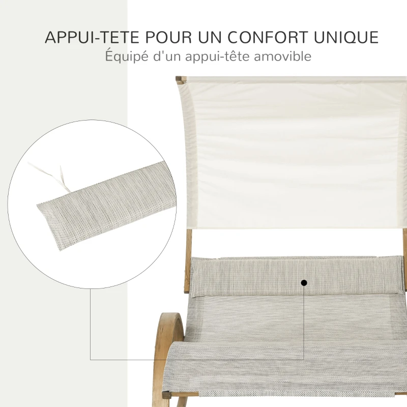 Outsunny Bain de Soleil transat de jardin chaise longue en bois Design à Bascule 2 pers. tétière & Pare-Soleil Inclus Bois pin pré-huilé textilène dim. 190L x 135l x 185H cm crème chiné
