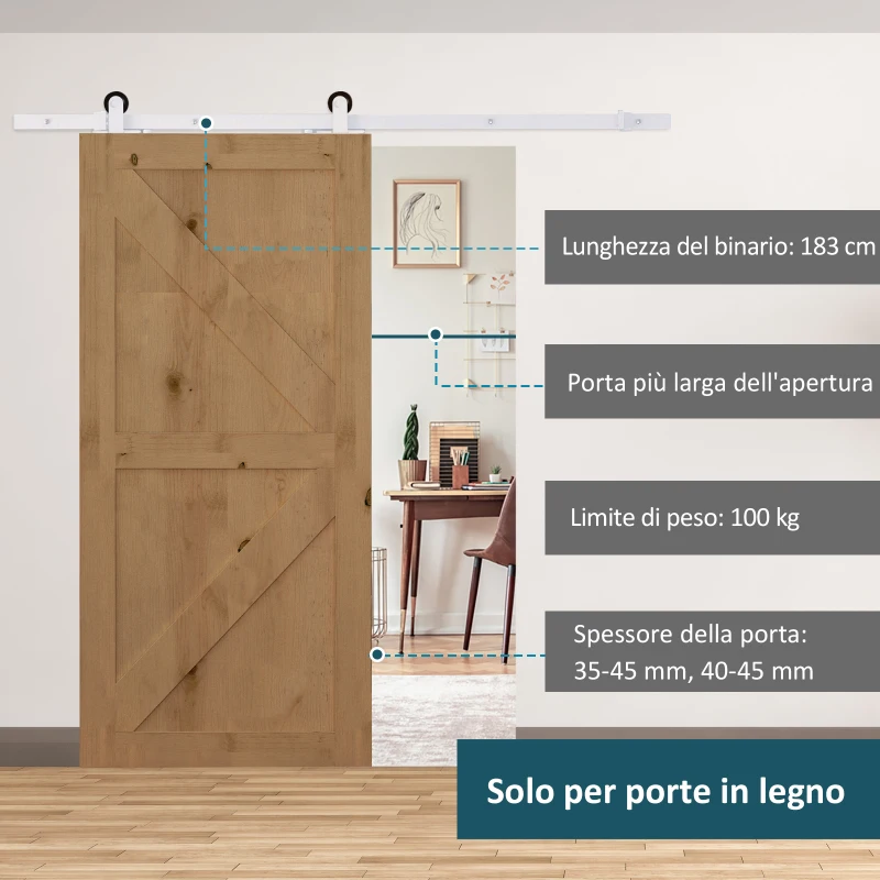 HOMCOM Kit per Porta Scorrevole con Binario 183cm, Rotelle e Minuteria Inclusa, Bianco