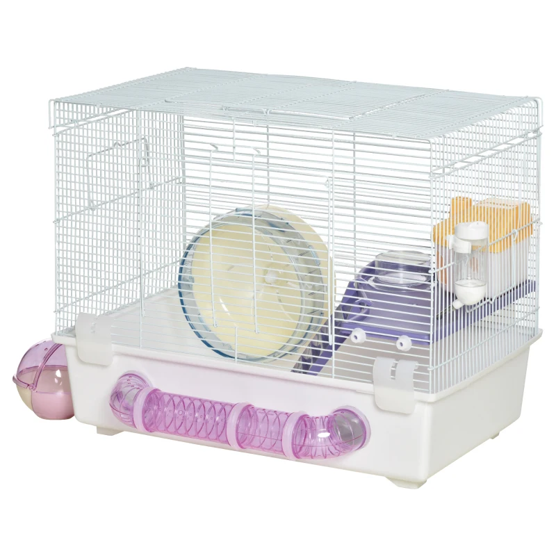 PawHut 2 Tier Hamster Cage Gerbil Rodent House Small Animal Habitat with Exercise Wheels Tunnel Tube Water Bottle Dishes Ladder, White
