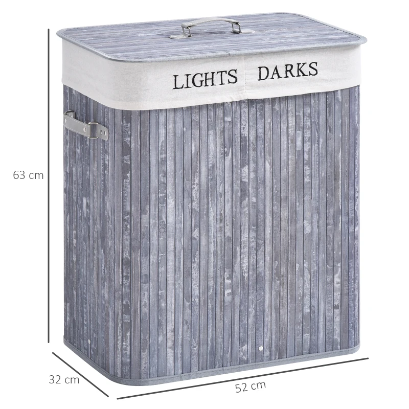 HOMCOM Panier à linge 100L avec 2 bacs bambou pliable couvercle poignée sac amovible en toile gris