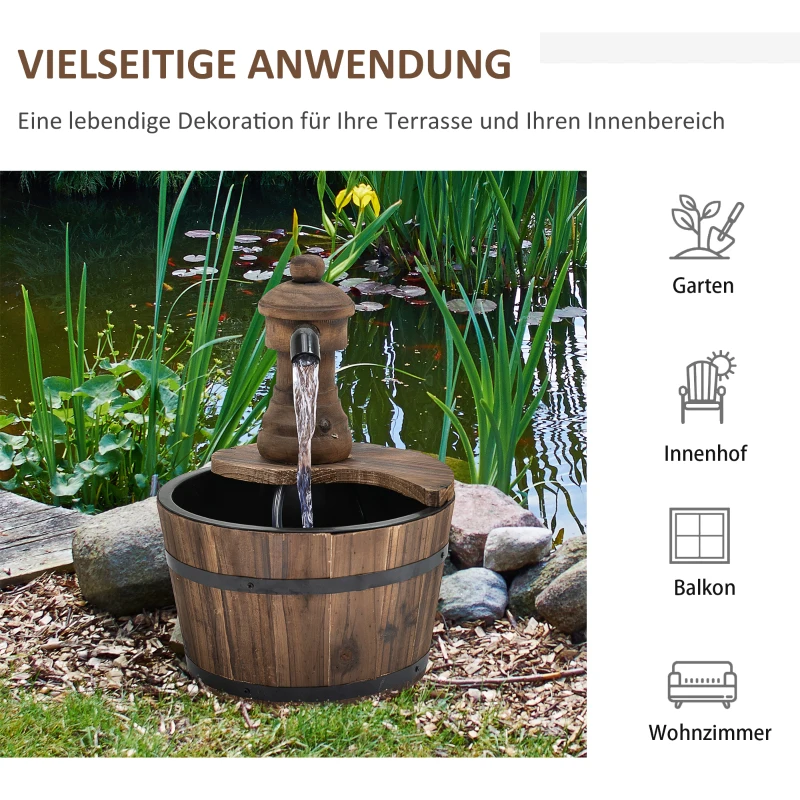 Outsunny Gartenbrunnen Springbrunnen Zierbrunnen Fassbrunnen Wasserfall Holzeimer Tannenholz + Metall Naturholz Ø27 x 37 cm