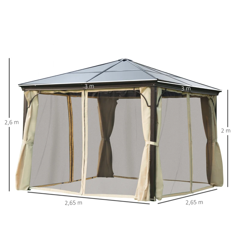 Outsunny Tonnelle pavillon de jardin imperméable 4 parois latérales anti-UV 4 moustiquaires panneaux polycarbonate alu 3L x 3l x 2,6H m chocolat beige