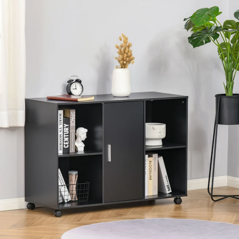 Vinsetto Mobile Office File Cabinet, Lateral Stationery Storage Cabinet, Printer Stand with Wheels, Kitchen Cabinet with Open Shelf and Cupboard, Black