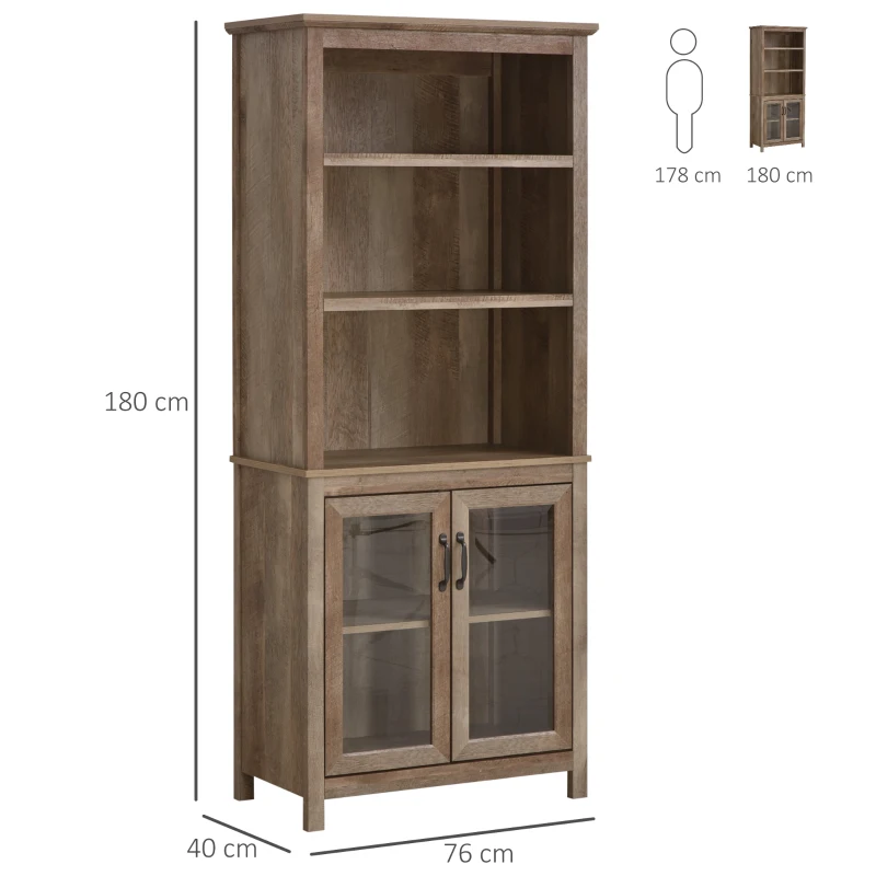 HOMCOM Free standing Kitchen Cupboard with 3 Open Shelves, Glass Door Cabinet, Storage Unit Home Organisation, Brown