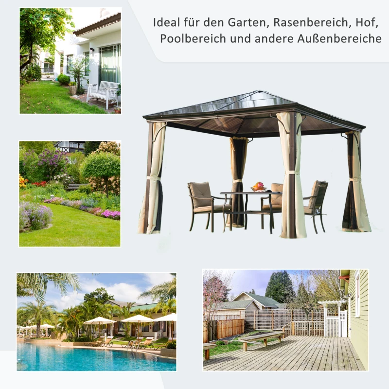 Outsunny Pavillon mit Polycarbonatdach, Vorhänge mit Fliegennetz, Alugestell, braun+beige, 3 x 3 x 2,6 m