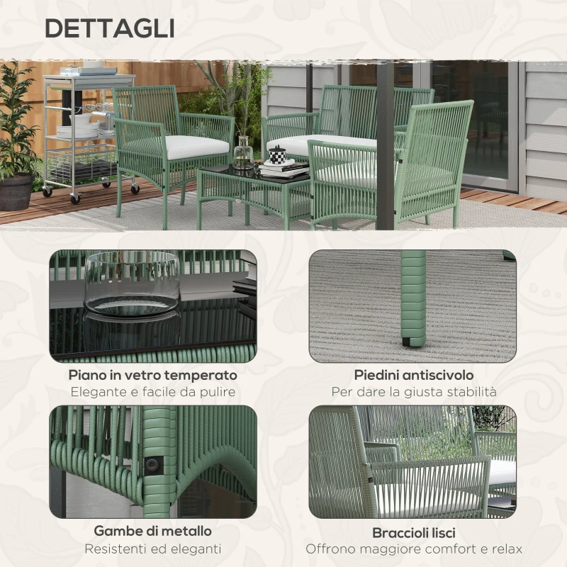 Outsunny Set da Giardino in Rattan da 4 Pezzi con 2 Poltroncine, Divano e Tavolino da Caffè, Verde