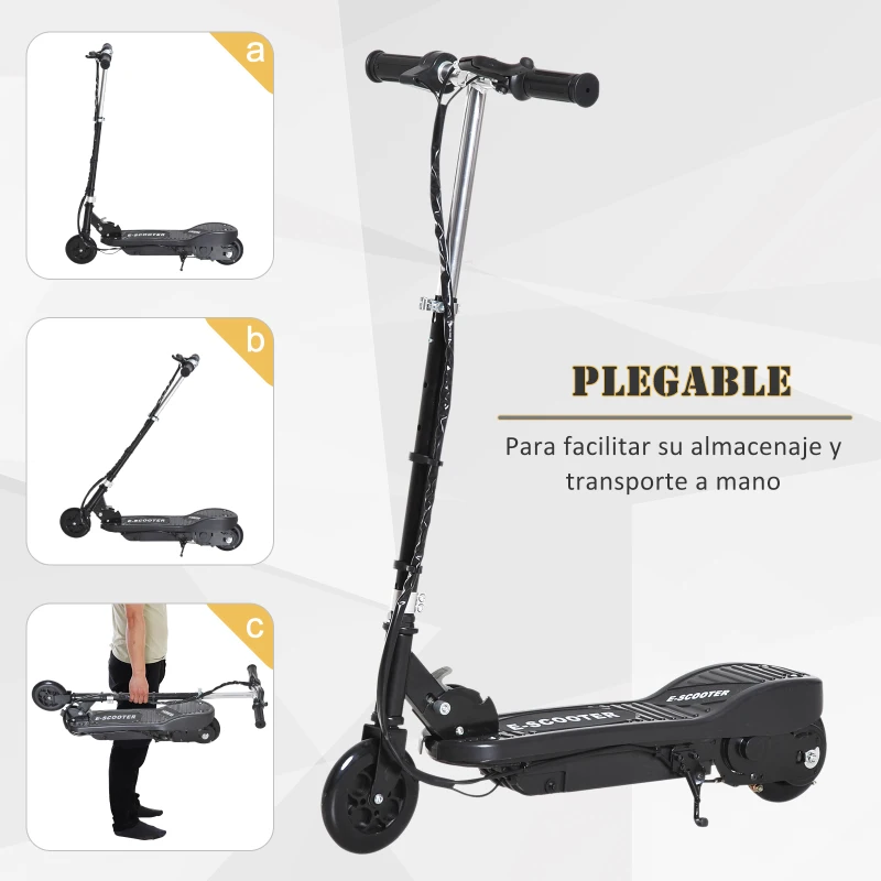 HOMCOM Patinete Eléctrico para Niños de +7 Años Scooter Plegable con Altura Ajustable Batería Recargable 24V Velocidad hasta 12 km/h y Freno Carga 50 kg 74x36x82,5-92,5 cm Negro
