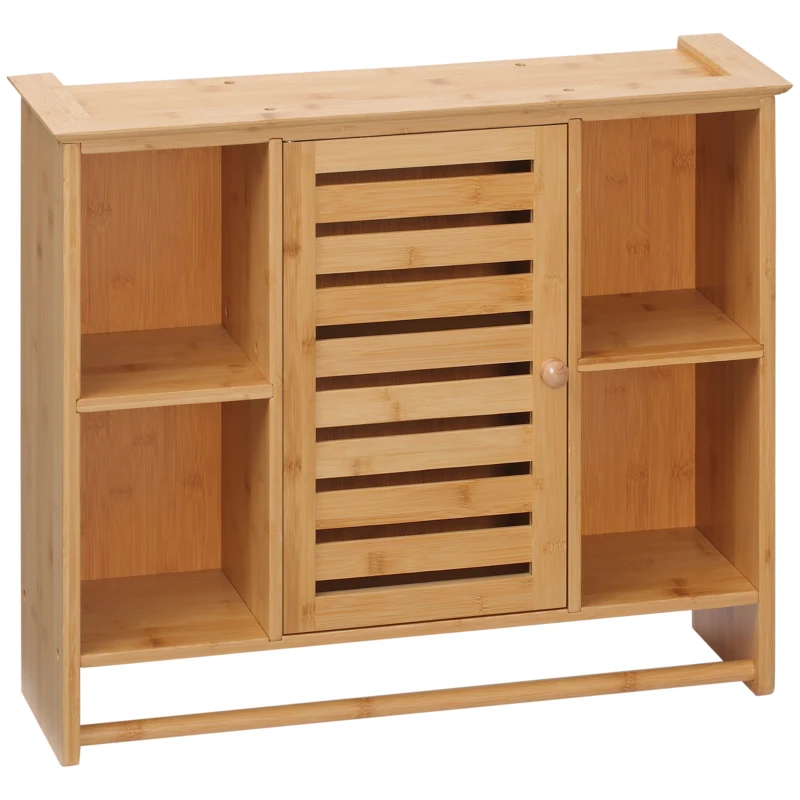 kleankin Armario de Pared de Bambú Mueble Colgante de Baño con 4 Compartimientos y Toallero 65x17,8x54,6 cm Natural