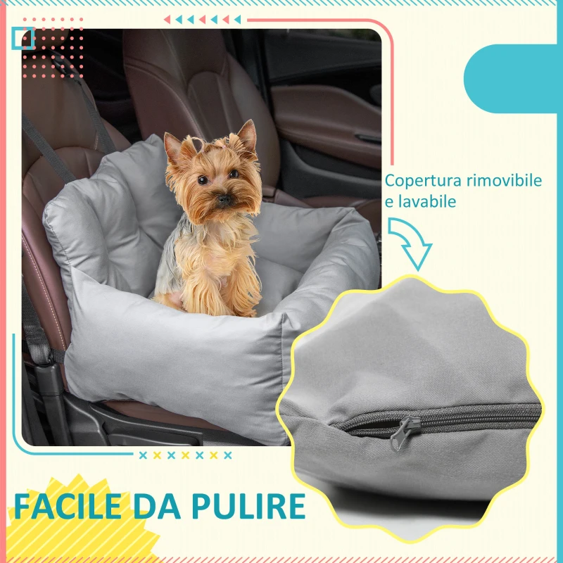 PawHut Seggiolino Auto per Cani Piccoli Sfoderabile e Lavabile con Cinghie di Sicurezza, Grigio Scuro