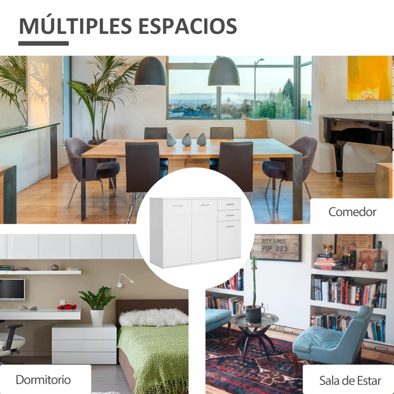 HOMCOM Armario de Cocina con 2 Puertas Buffet de Salón Moderno con 2 Cajones Estante Ajustable 106x35x76cm Blanco Brillante(m-6)