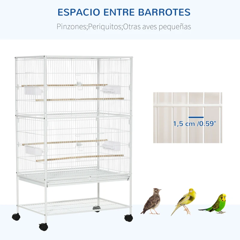 PawHut Jaula para Pájaros con Ruedas 78x52x132 cm con Bandeja Extraíble y Estante para Canarios Periquitos Blanco