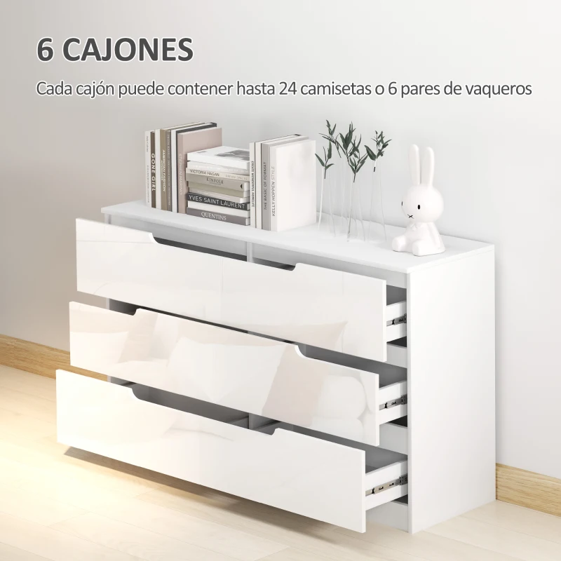 HOMCOM Cómoda con 6 Cajones Cómoda de Dormitorio Moderno con Anti-vuelco Cajonera para Salón Pasillo 120x40x75 cm Blanco