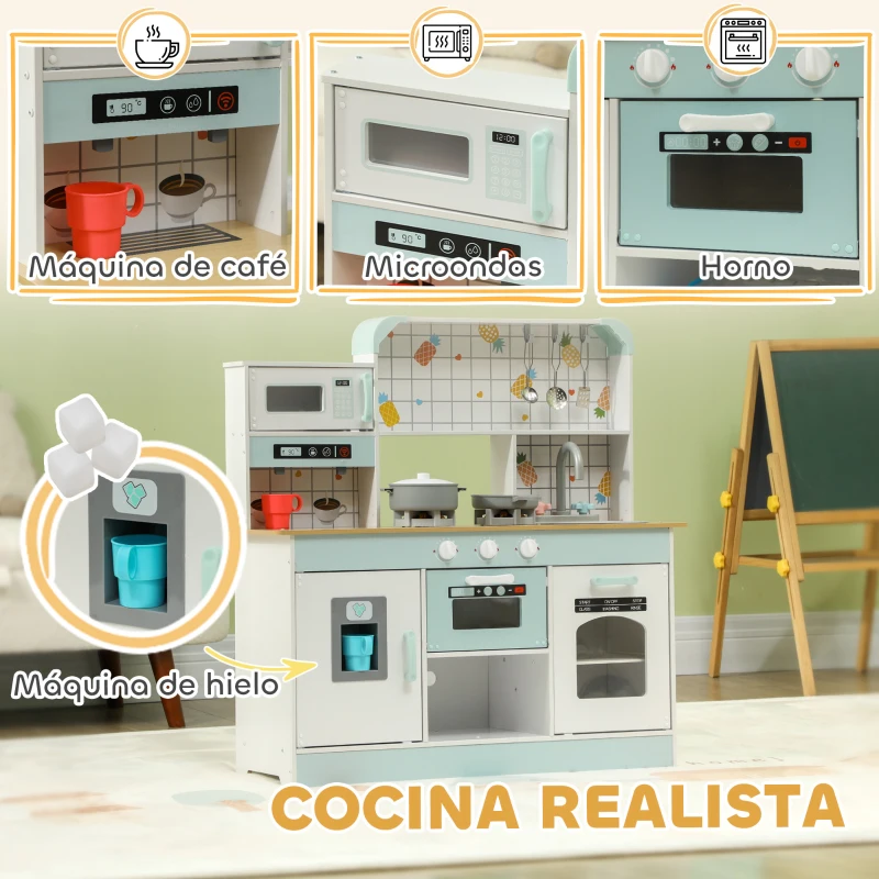 AIYAPLAY Cocinita Infantil con Sonido Fogón Grifo Fregadero Microondas Cafetera Máquina de Hielo y Accesorios de Cocina Blanco