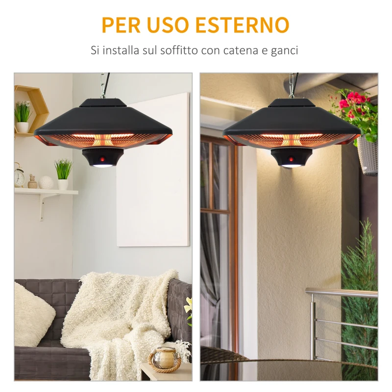 Outsunny Lampada Riscaldante per Esterni con Luce LED, Potenza 1000/2000W e Telecomando, 43x43x25cm, Nero