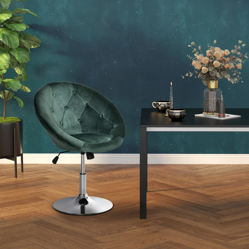 HOMCOM Swivel Dressing Stool, Velvet-feel Upholstered Vanity Chair, Adjustable Height Tub Makeup Chair with Button Tufting and Thick Padding for Bedroom, Green