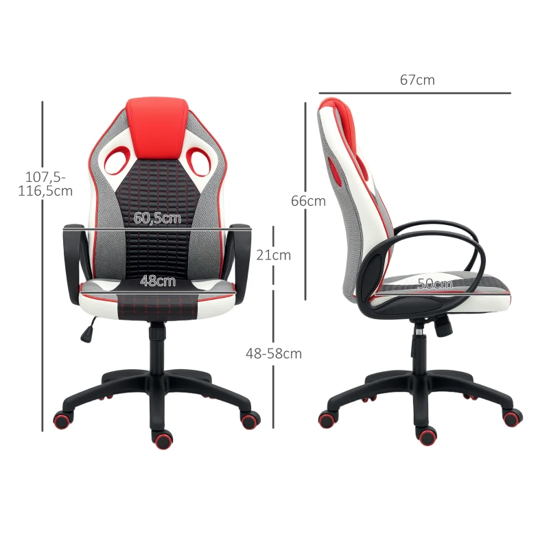 HOMCOM Silla Gaming Tapizada en PU y Malla Silla Gamer Giratoria con Función de Basculante Altura Ajustable Multicolor