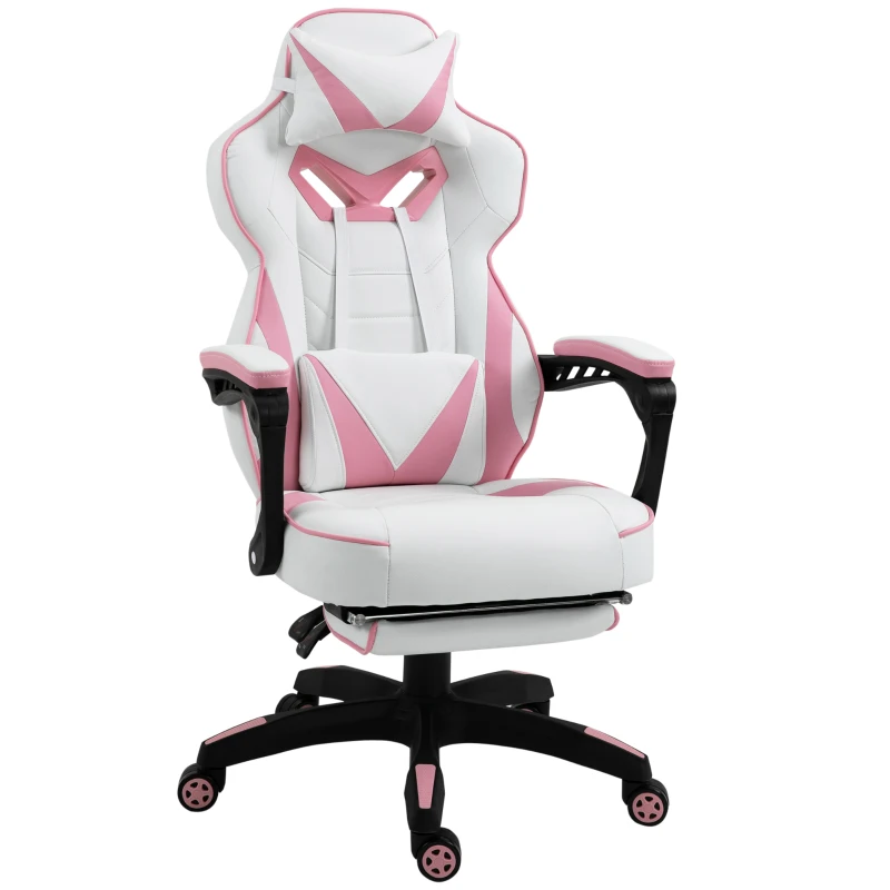 Vinsetto Computer Gaming Chair, Racing Desk Chair with Lumbar Support and Footrest, PU Leather Gamer Chair with Headrest and Swivel Wheels for Home, Pink