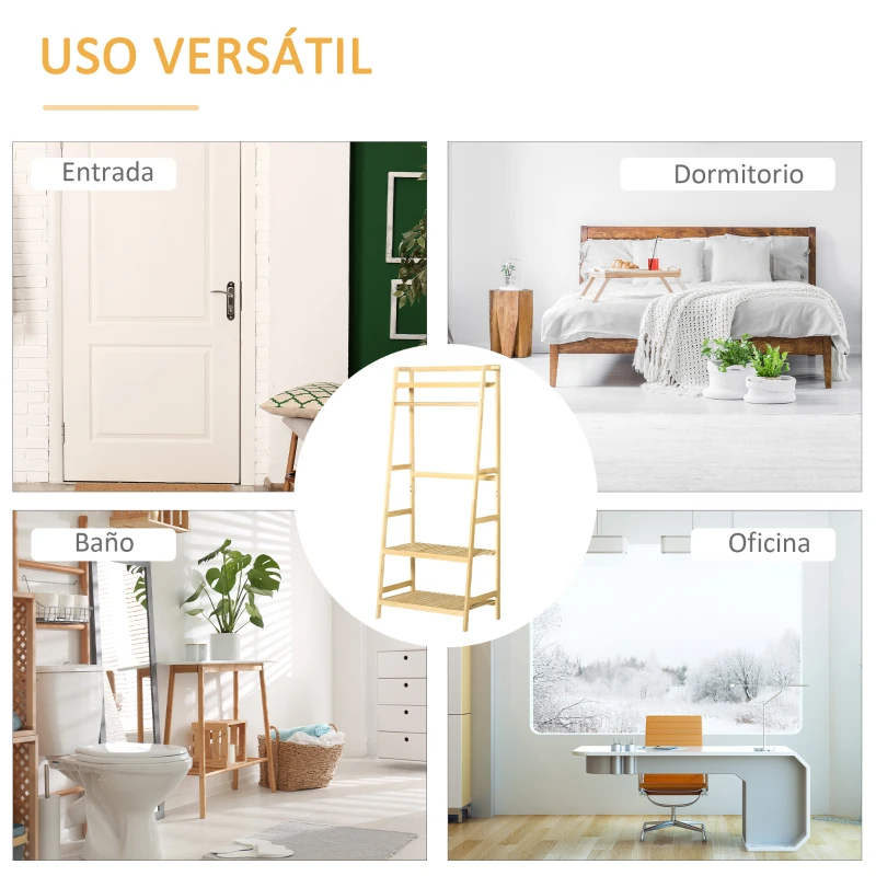 HOMCOM Perchero de Pie de Bambú Perchero Trapezoidal con Estantería de 3 Niveles con Barra y Colgador Lateral para Ropa Bolsas para Pared Dormitorio 70x42x164 cm Natural