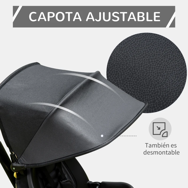 HOMCOM Triciclo Bebé 4 en 1 Bicicleta para Niños 1-5 Años con Asiento Giratorio Capota Ajustable Mango de Empuje Telescópico y Reposapiés Plegable Carga 25 kg 111,5x52x98 cm Negro