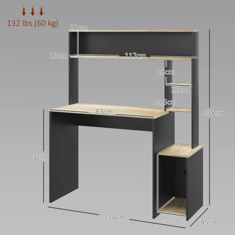 HOMCOM Mesa de Ordenador con Estantes Escritorio con Estanterías Soporte para Monitor CPU 114x45x138 cm Gris y Natural