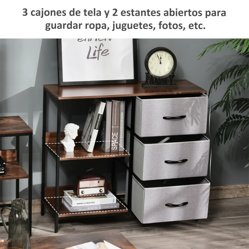 HOMCOM Cajonera de Tela Estrecha, Cómoda de Tela con 3 Cajones Plegables, 2 Estantes Abiertos y Amplia Encimera, Cómoda para Dormitorio, Salón y Pasillo, Nogal y Gris Claro