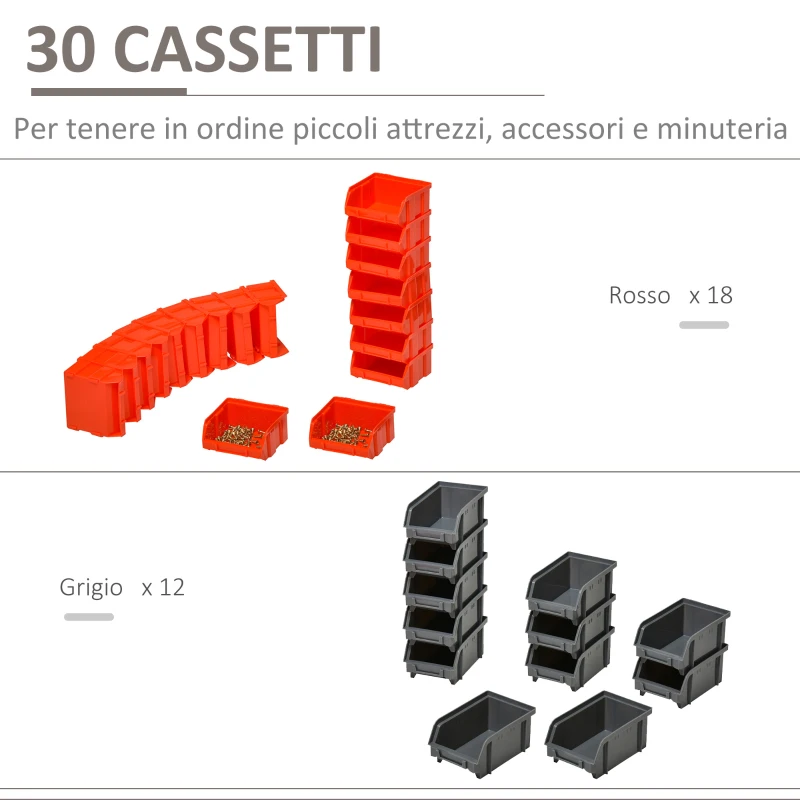 DURHAND Pannello Portautensile con 30 Contenitori Regolabili e Rimovibile, Montaggio a Muro, PP, Rosso Grigio Nero, 37.5x18x63cm