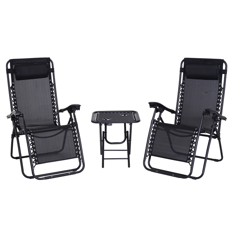 Outsunny Set de 2 Sillas de Gravedad Cero Plegables 90x65x110 cm y Mesa Auxiliar 50x50x50 cm con 2 Portavasos Sillas Reclinables con Reposacabezas para Jardín Terraza Negro
