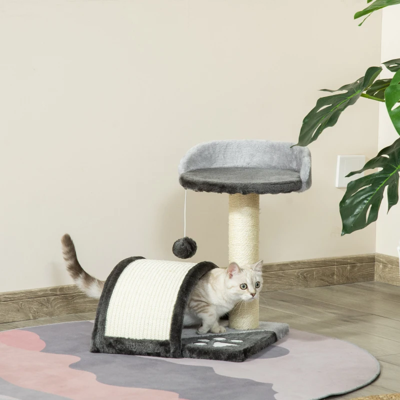 PawHut Arbre à chat griffoir grattoir design jeu boule suspendue + plateforme peluche sisal naturel gris foncé