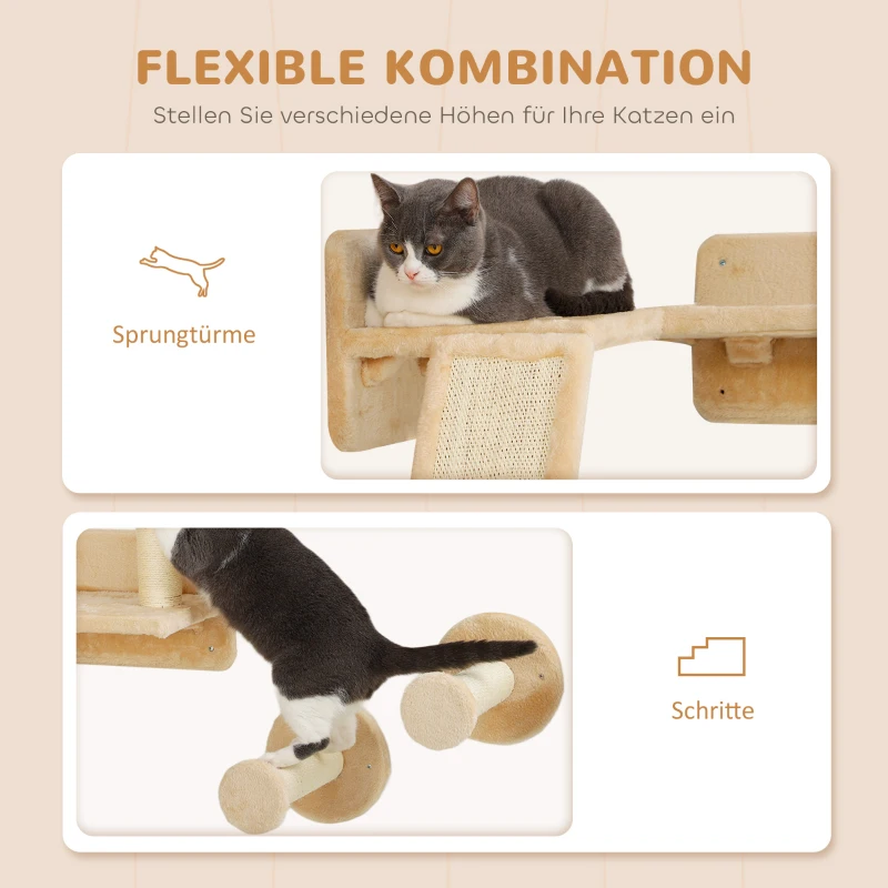 PawHut Katzen Kletterwand Set mit Kratzpfosten, Sprungplattformen und Spielbällen, zum Klettern und Ausruhen, Beige