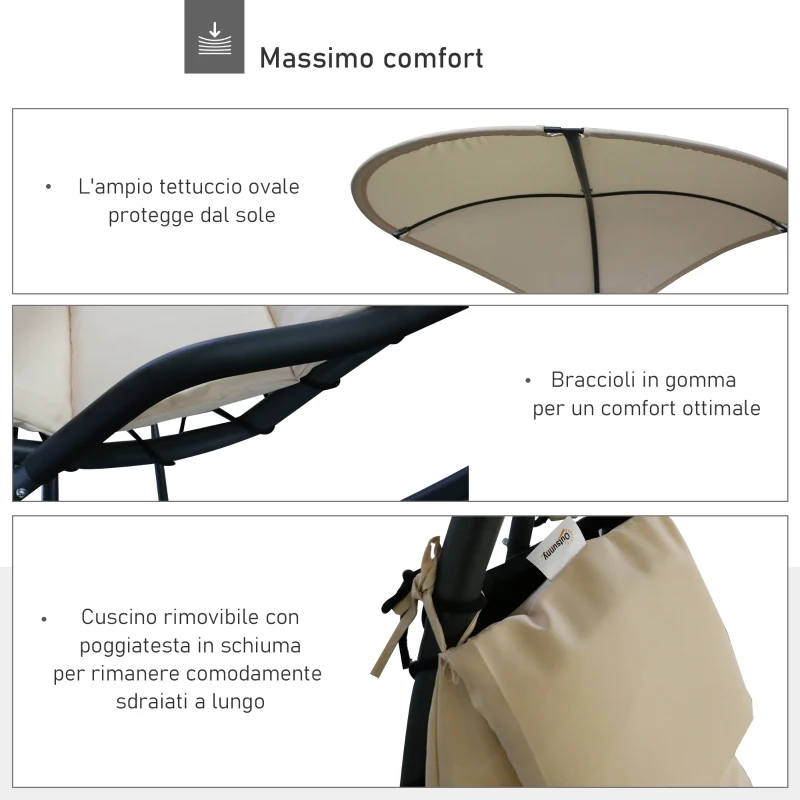 Outsunny Poltrona a Dondolo da Giardino Ergonomica, Lettino Sdraio Imbottito e Poggiatesta, 165x120x180cm Grigio e Crema