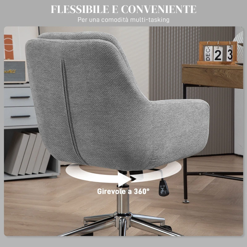 HOMCOM Sedia da Ufficio Girevole ad Altezza Regolabile, in Tessuto Effetto Lino e Acciaio, 55x66x86-96 cm, Grigio Chiaro