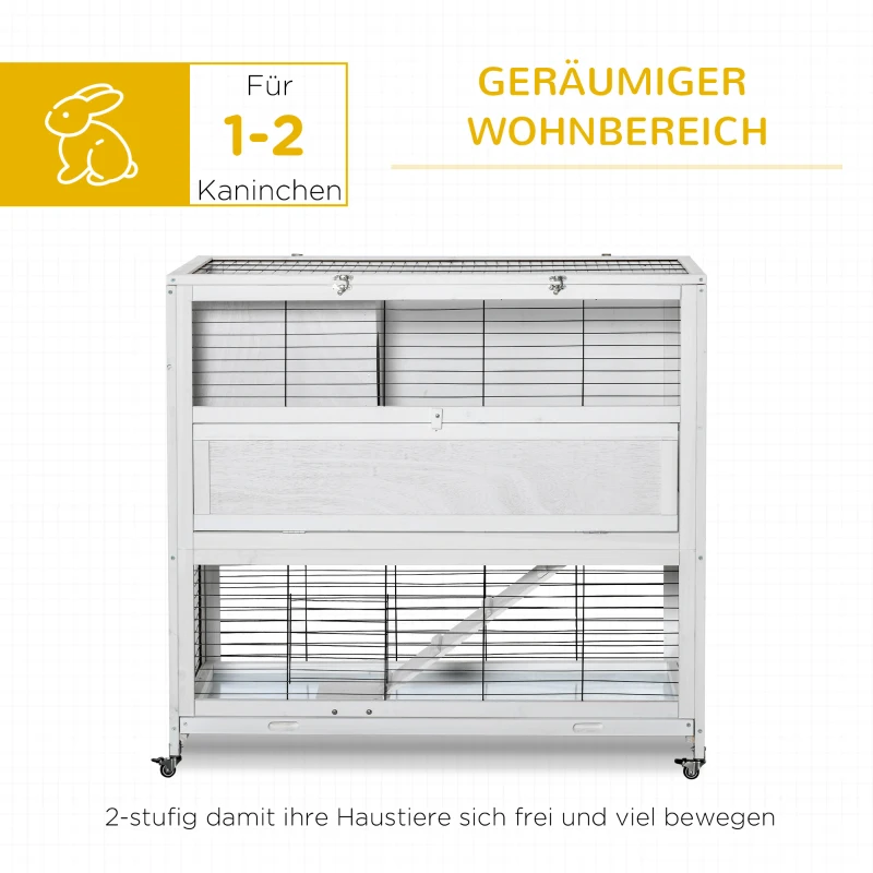 PawHut Kleintierstall mit Rädern 2 Ebenen Tannenholz Weiß