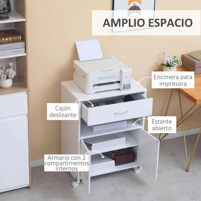 Vinsetto Armario para Impresora con Ruedas Cajón 2 Puertas y Estante para Salón Oficina Estudio 60x39x80 cm Blanco