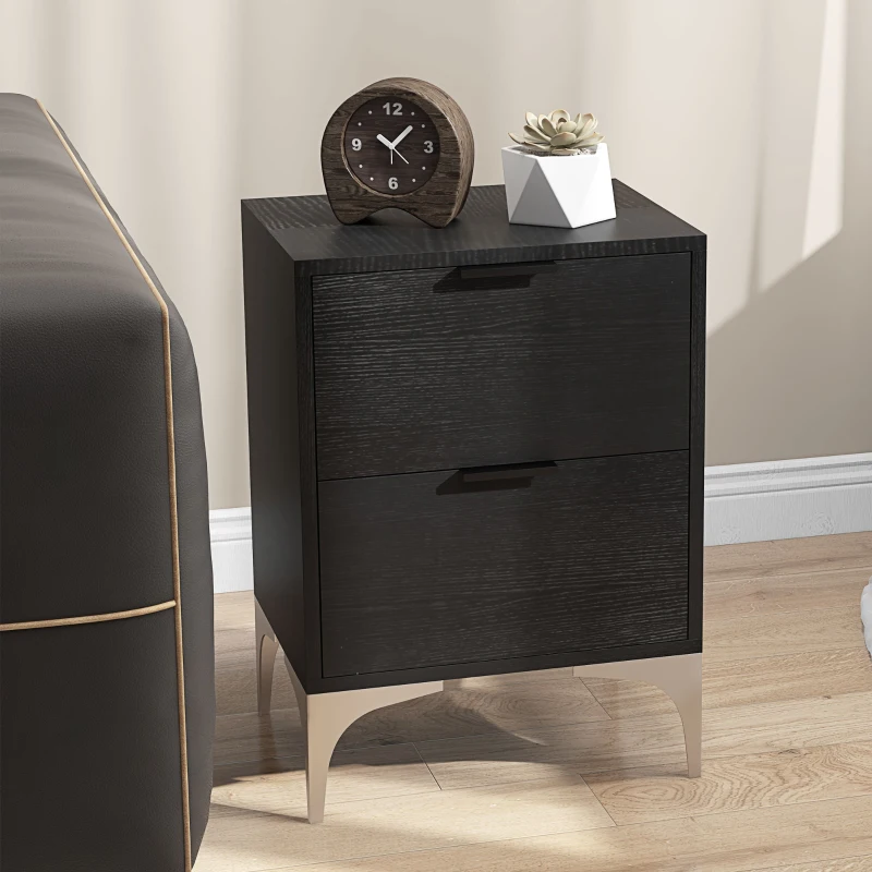 HOMCOM Set of Two Wood Effect Bedside Tables with Silver Tone Steel Base, Black