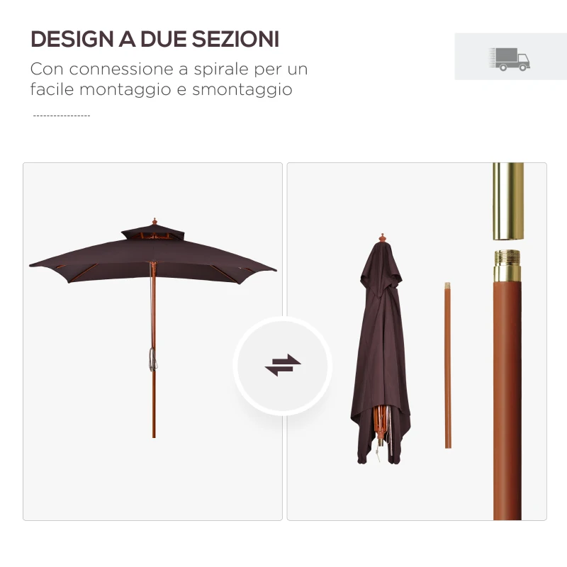 Outsunny Ombrellone 3x3 m da Giardino e Terrazza con 8 Stecche e Copertura Parasole a 2 Livelli, Marrone