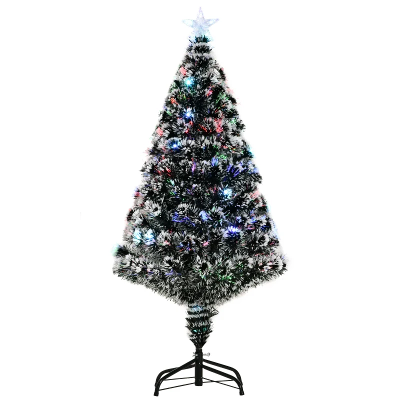 HOMCOM 4ft Artificial Prelit Christmas Tree, Snow Xmas Tree with Colourful LED Lighting Fiber Optics, Green White