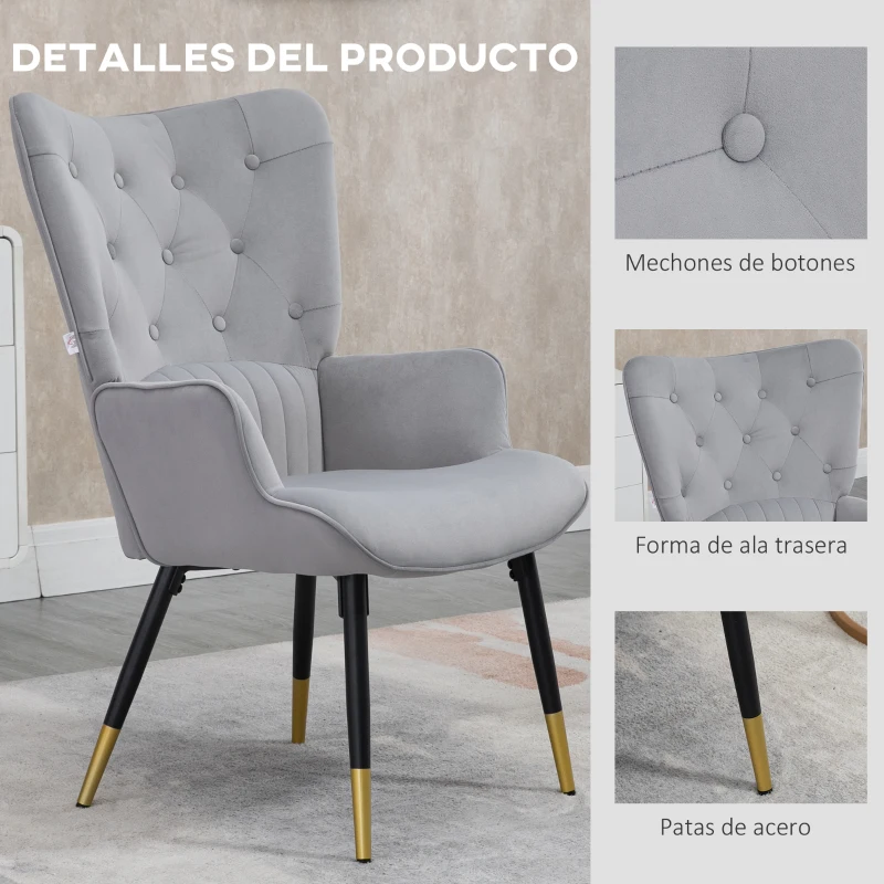 HOMCOM Butaca de Salón Sillón Individual Tapizado en Terciopelo con Respaldo Alto Estilo Moderno 68x72x103 cm Gris Claro